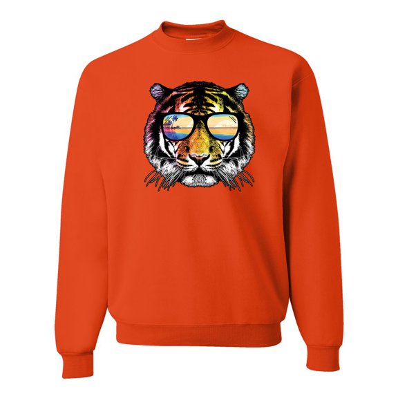 Funny Neon Summer California Beach Tiger | Mens Animal Lover Crewneck Graphic Sweatshirt, Orange, Small