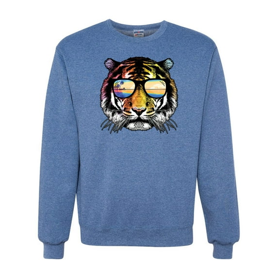 Funny Neon Summer California Beach Tiger | Mens Animal Lover Crewneck Graphic Sweatshirt, Vintage Heather Blue, X-Large