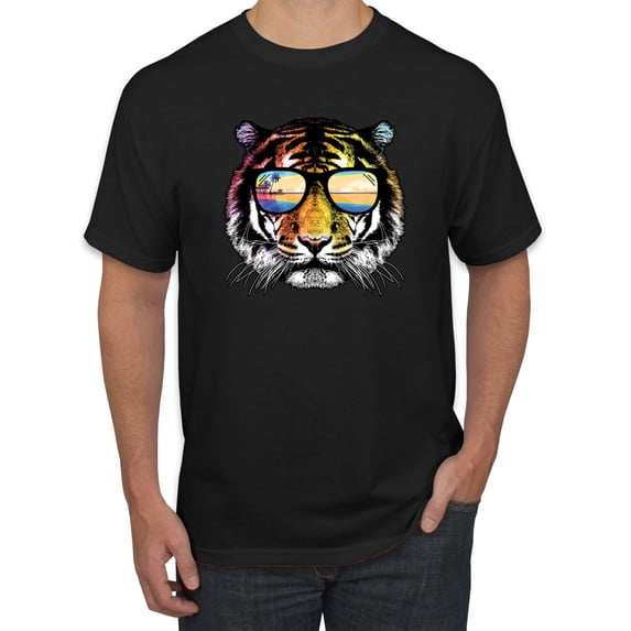 Funny Neon Summer California Beach Tiger | Mens Animal Lover Graphic T-Shirt, Black, Small
