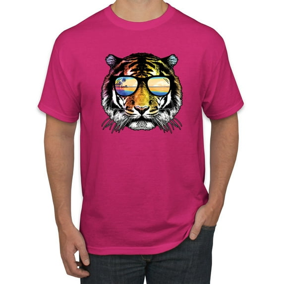 Funny Neon Summer California Beach Tiger | Mens Animal Lover Graphic T-Shirt, Fuschia, 4XL