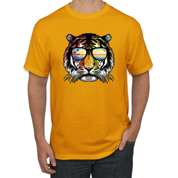 Funny Neon Summer California Beach Tiger | Mens Animal Lover Graphic T-Shirt, Gold, Large