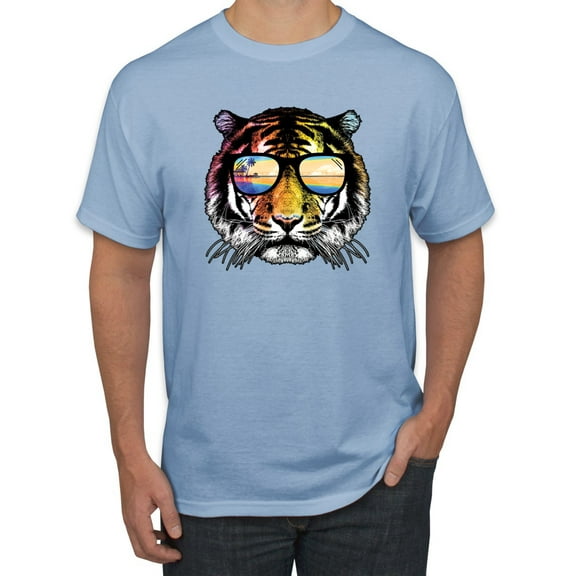Funny Neon Summer California Beach Tiger | Mens Animal Lover Graphic T-Shirt, Light Blue, Small
