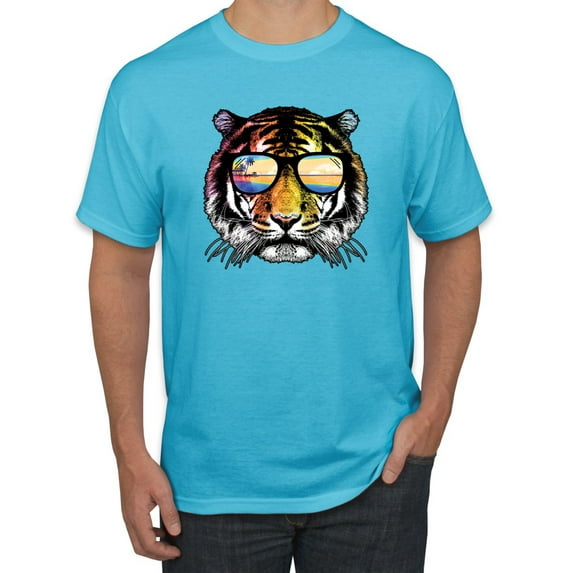 Funny Neon Summer California Beach Tiger | Mens Animal Lover Graphic T-Shirt, Light Turquoise, Medium