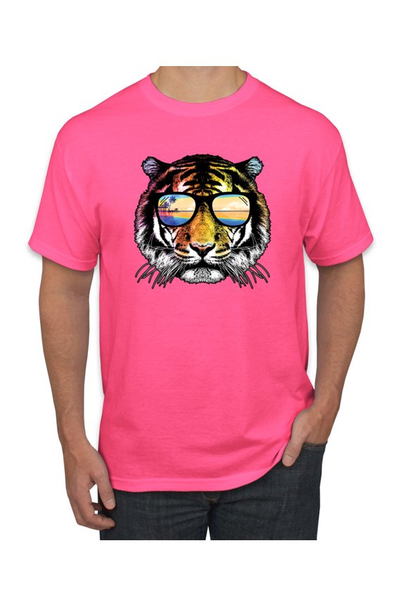 Funny Neon Summer California Beach Tiger | Mens Animal Lover Graphic T-Shirt, Neon Pink, Large