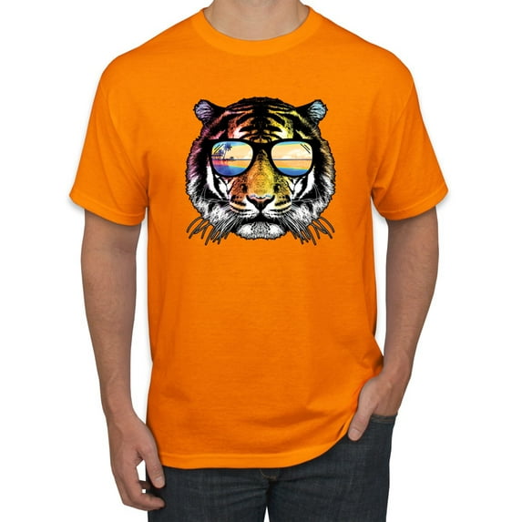 Funny Neon Summer California Beach Tiger | Mens Animal Lover Graphic T-Shirt, Orange, 3XL