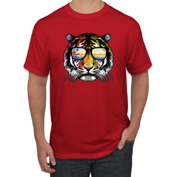 Funny Neon Summer California Beach Tiger | Mens Animal Lover Graphic T-Shirt, Red, 4XL