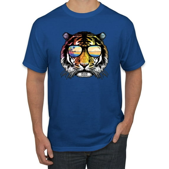 Funny Neon Summer California Beach Tiger | Mens Animal Lover Graphic T-Shirt, Royal, Small