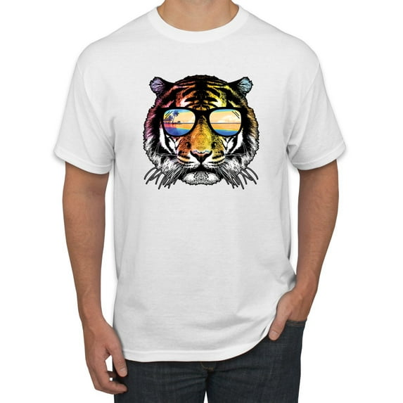 Funny Neon Summer California Beach Tiger | Mens Animal Lover Graphic T-Shirt, White, X-Large