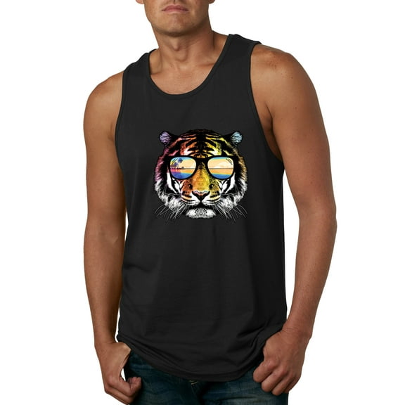 Funny Neon Summer California Beach Tiger | Mens Animal Lover Graphic Tank Top, Black, Small
