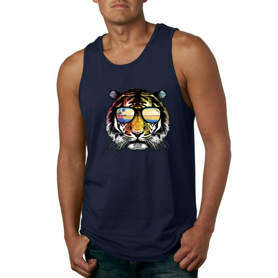 Funny Neon Summer California Beach Tiger | Mens Animal Lover Graphic Tank Top, Navy, Small