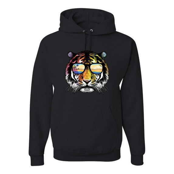 Funny Neon Summer California Beach Tiger | Mens Animal Lover Hooded Sweatshirt Graphic Hoodie, Black, Small