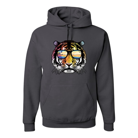 Funny Neon Summer California Beach Tiger | Mens Animal Lover Hooded Sweatshirt Graphic Hoodie, Charcoal, Medium