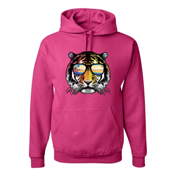Funny Neon Summer California Beach Tiger | Mens Animal Lover Hooded Sweatshirt Graphic Hoodie, Fuschia, Large
