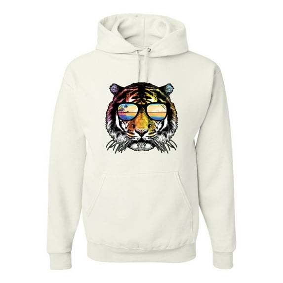 Funny Neon Summer California Beach Tiger | Mens Animal Lover Hooded Sweatshirt Graphic Hoodie, White, 2XL