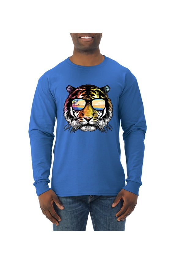 Funny Neon Summer California Beach Tiger | Mens Animal Lover Long Sleeve T-Shirt, Royal, Large
