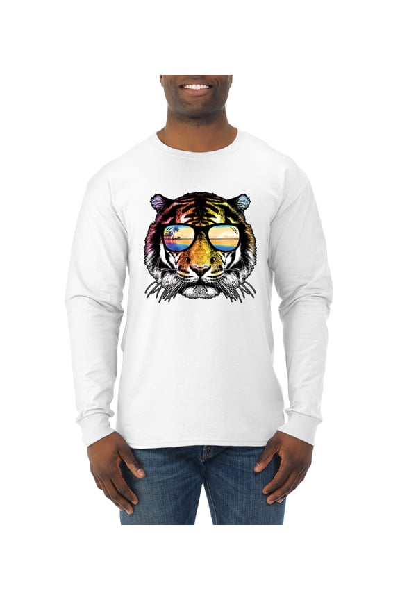 Funny Neon Summer California Beach Tiger | Mens Animal Lover Long Sleeve T-Shirt, White, 3XL