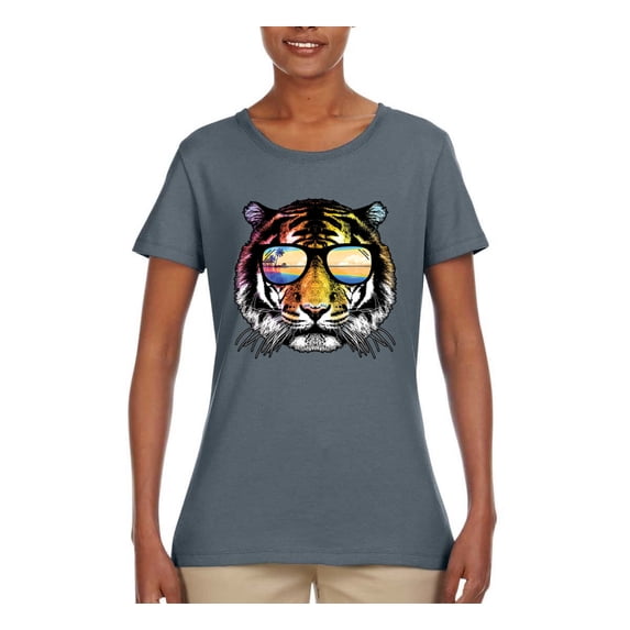 Funny Neon Summer California Beach Tiger | Womens Animal Lover Graphic T-Shirt, Charcoal, X-Large