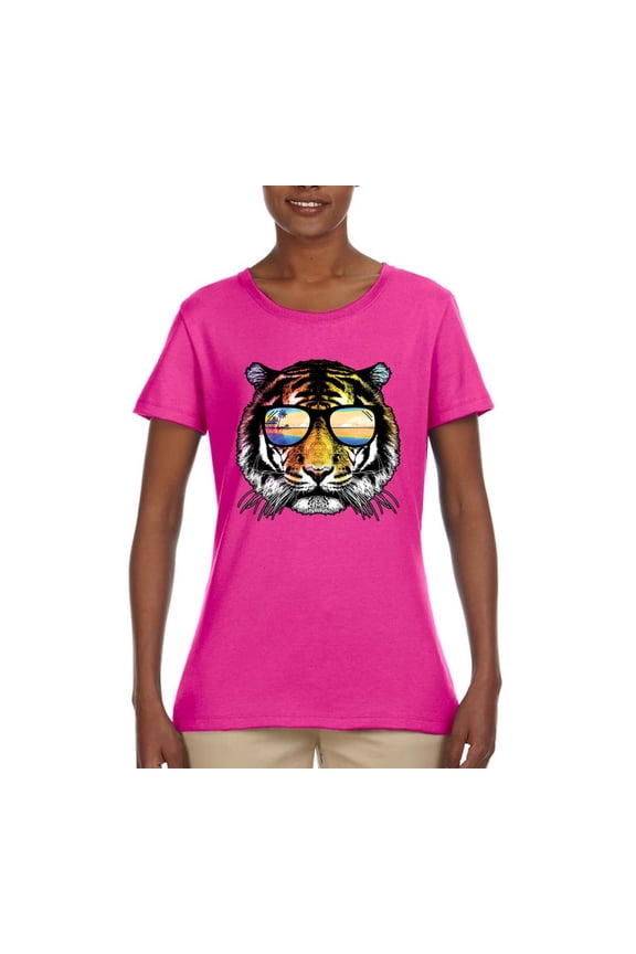 Funny Neon Summer California Beach Tiger | Womens Animal Lover Graphic T-Shirt, Fuschia, Medium