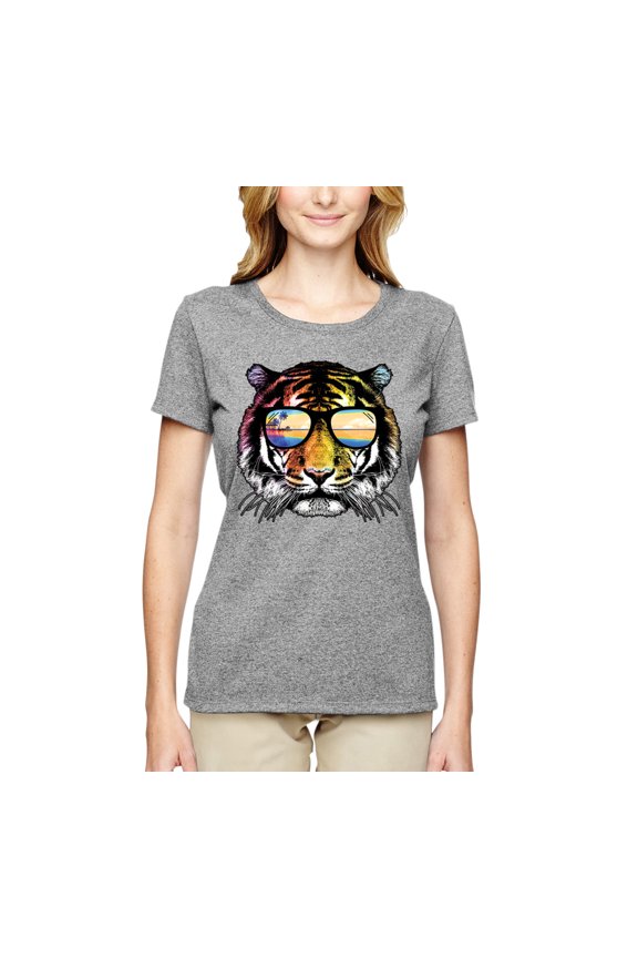 Funny Neon Summer California Beach Tiger | Womens Animal Lover Graphic T-Shirt, Heather Grey, Small