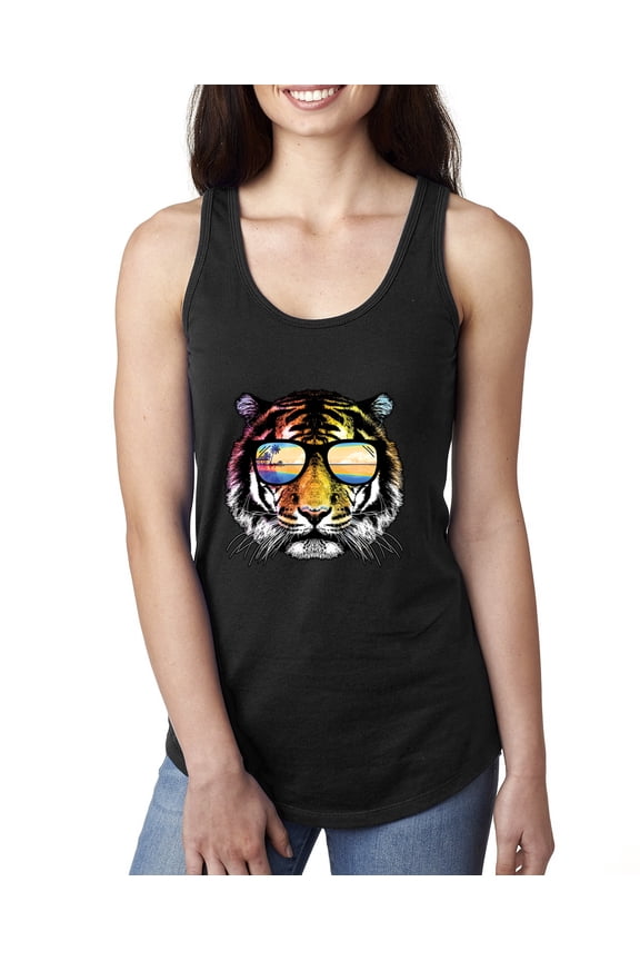 Funny Neon Summer California Beach Tiger | Womens Animal Lover Jersey Racerback Tank Top, Black, Medium