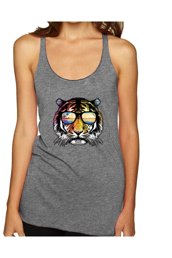 Funny Neon Summer California Beach Tiger | Womens Animal Lover Premium Tri-Blend Racerback Tank Top, Premium Heather, Large
