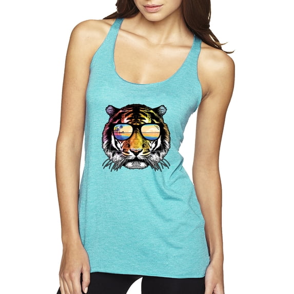 Funny Neon Summer California Beach Tiger | Womens Animal Lover Premium Tri-Blend Racerback Tank Top, Tahiti Blue, Large