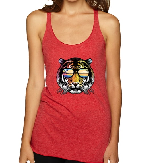 Funny Neon Summer California Beach Tiger | Womens Animal Lover Premium Tri-Blend Racerback Tank Top, Vintage Red, Large