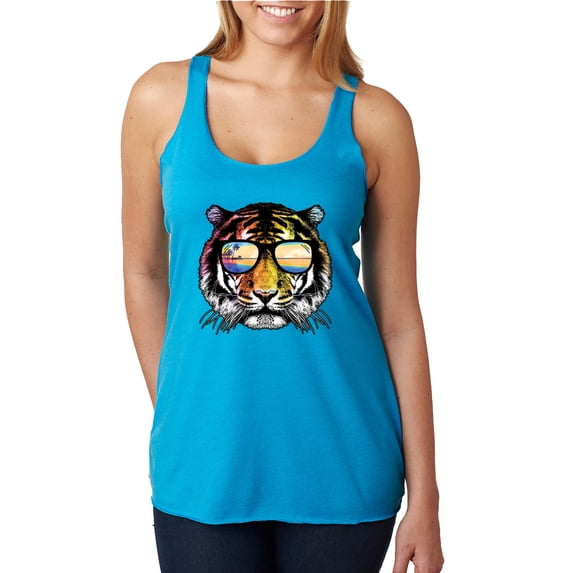 Funny Neon Summer California Beach Tiger | Womens Animal Lover Premium Tri-Blend Racerback Tank Top, Vintage Turquoise, Large