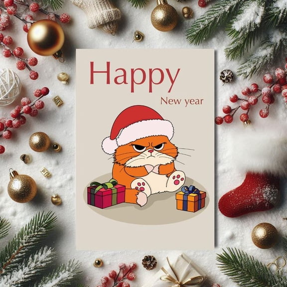 Funny New Year Cat Card Grumpy Cat in Santa Hat Design Blank Inside for Personal Messages Perfect New Year's Greeting Card for Friends and Family