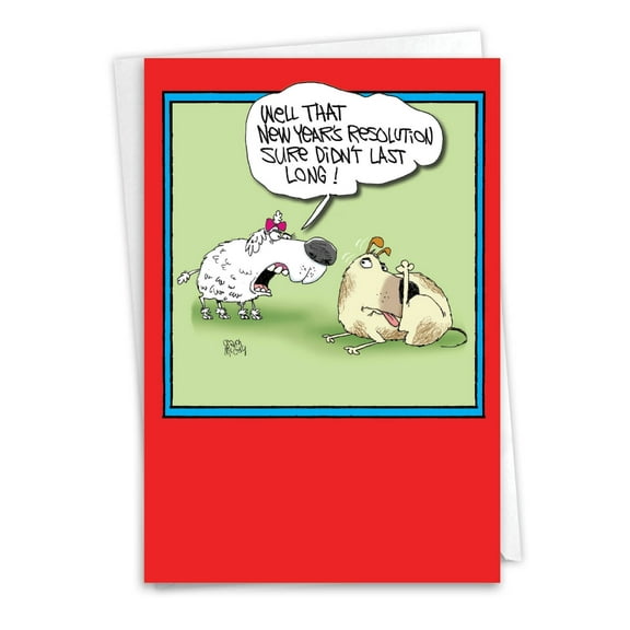 Funny New Year Greeting Card with 5 x 7 Inch Envelope (1 Card) Resolution Not Last Long - Male Dog Licking Itself