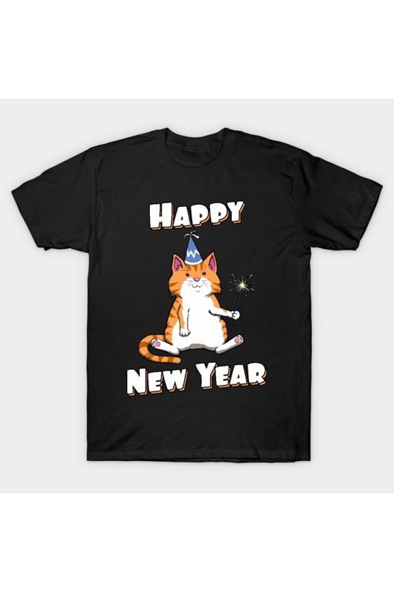 Funny New Year Quotes Happy New Year Cat Pun Holiday Artwork Print, H7068 T-Shirt, for Men and Women, Up to Size 5XL
