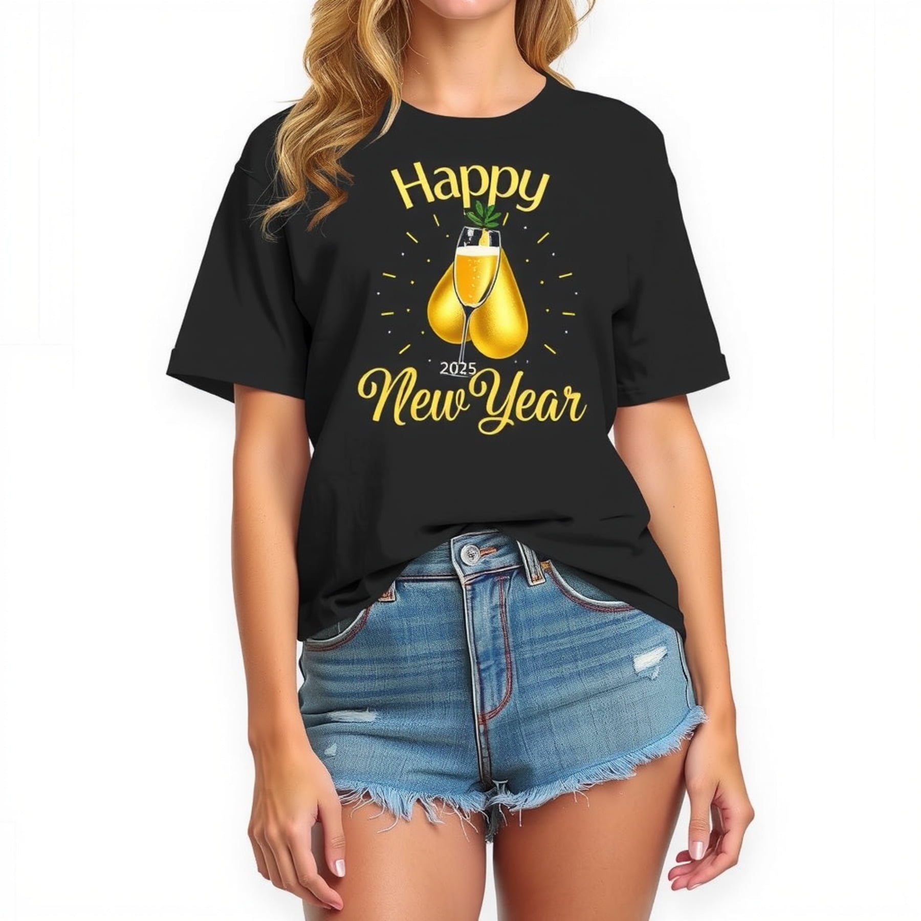 Funny New Year's Black TShirt for Women 2025 Design with Playful Pears