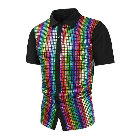 Fashion Disco Outfit Mens 70s 80s Shiny Sequin Shirts Metallic Party Short Sleeve Button Down Shirts Funny Nightclub Tee Shirt