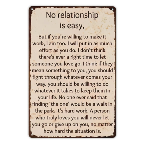 Funny 'No Relationship Is Easy' Vintage Metal Sign - Rustic Wall Decor for Home, Porch, Garage & More - Unique Holiday Gift Idea, 8x12 Metal Wall Decor