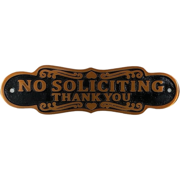 Funny No Soliciting Sign for House – 7.5” Antique Brass Metal Door Sign with Bold Lettering, Decorative Outdoor Wall Plaque with Bonus Thank You Sign