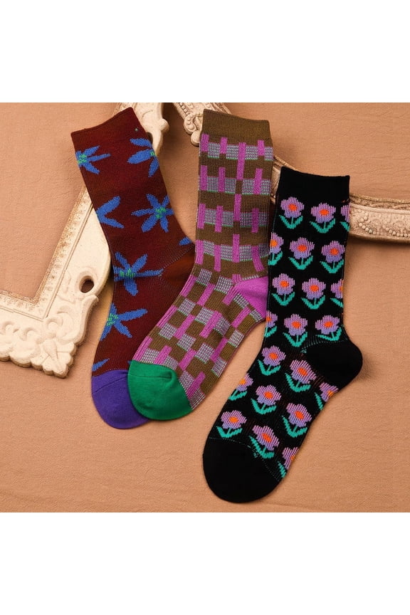 Funny Novelty Cute Fashion Flower Cotton Crew Socks Christmas Gift for Mom Friends Girlfriend 3 Pairs Size 5-9