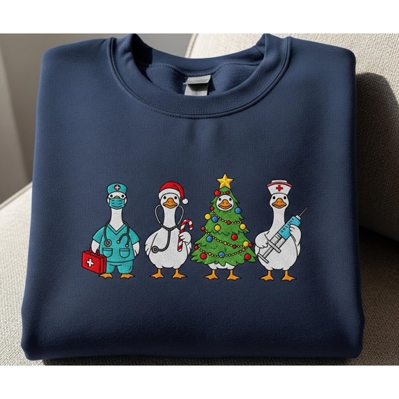 Funny Nurse Duck Christmas Sweatshirt, Cute Medical Xmas Gift for Nurse Doctor, Healthcare Worker Holiday Shirt, Embroidered Duck Tee
