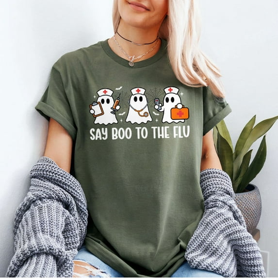 Funny Nurse Ghost Halloween Vaccine Say Boo to The Flu T-Shirt, Spooky Season T-Shirt, Fullsizes S-5XL Multicolors T-Shirt