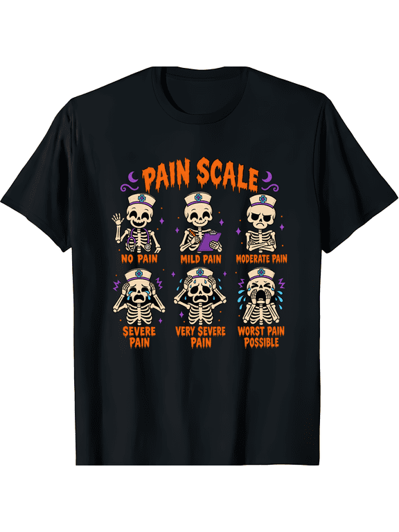 Funny Nurse Skeleton Pain Scale Halloween Graphic Short Sleeve Crewneck Cotton Unisex T Shirt
