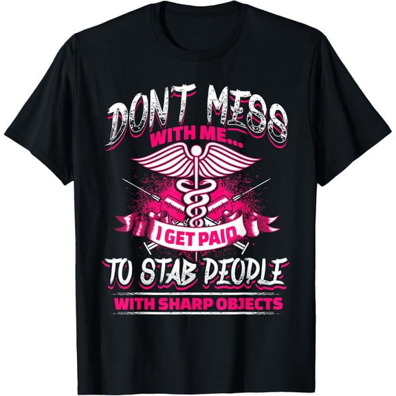 Funny Nursing Graphic T-Shirt - STAB People RN LVN Design with Caduceus & Syringe Splatter