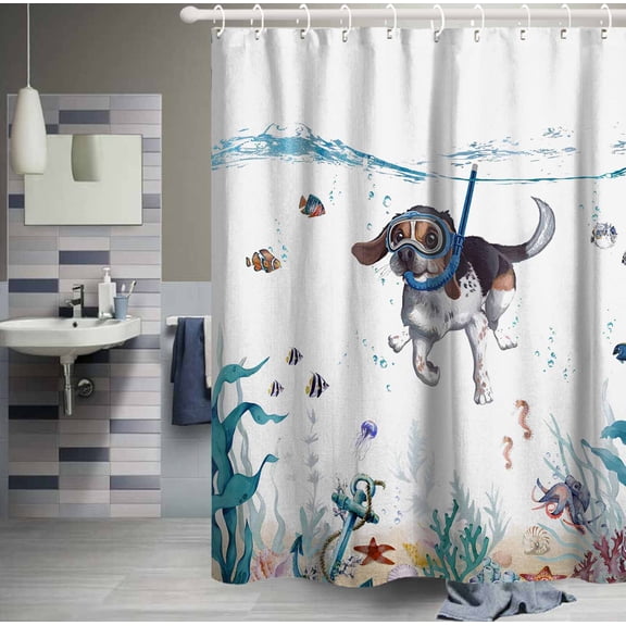 Funny Ocean Dog Shower Curtain Sea Coral Seahorse Starfish Anchor Teal Blue Bath Curtains with 12 Hooks Nautical Waterproof Polyester Fabric Shower Curtains, 72"x72"