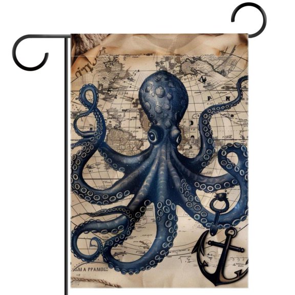 Funny Ocean Octopus Anchor Coastal Map Decorative Garden Flag for All Seasons, 12 x 18 Inch Small Vertical Double Sided Outside Decoration for Yard Farmhouse