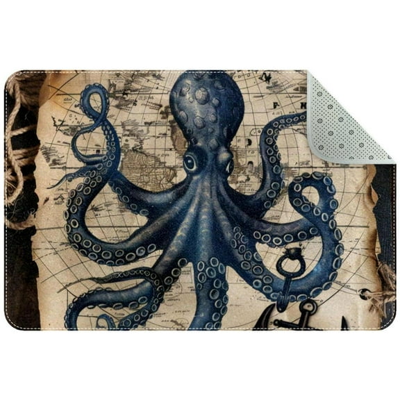 Funny Ocean Octopus Anchor Coastal Map Small Area Rug, Non-Slip Door Mat Indoor Floor Mat, Washable Kitchen Rug Entrance DMat for Bedroom Living Room