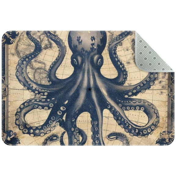 Funny Ocean Octopus Anchor Vintage Coastal Map Small Area Rug, Non-Slip Door Mat Indoor Floor Mat, Washable Kitchen Rug Entrance DMat for Bedroom Living Room
