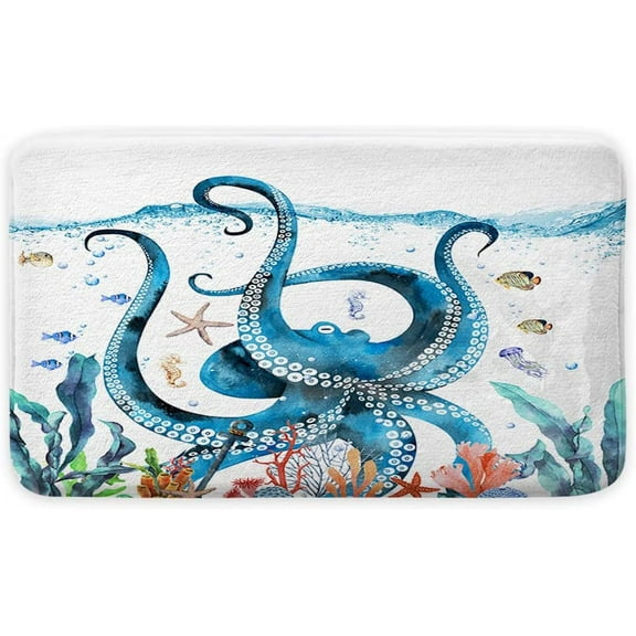 Funny Octopus Bath Mat, Teal Blue Ocean Bath Mats, Tropical Fish Nautical Bathroom Rugs 17 x 29 Inches