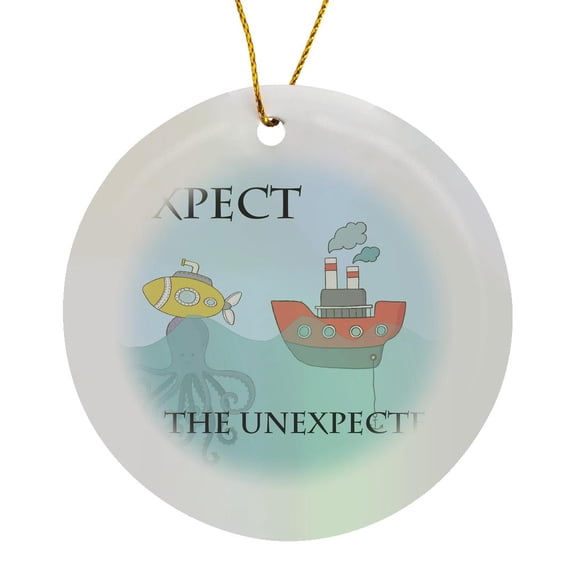 3drose, Funny Octopus Pushing Sub up Out of Water Expect Unexpected, Circle Porcelain Ornament