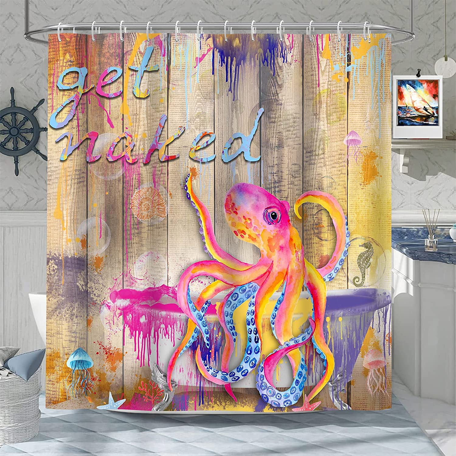 Funny Octopus Shower Curtain,Cute Colorful Nautical Shower Curtains for