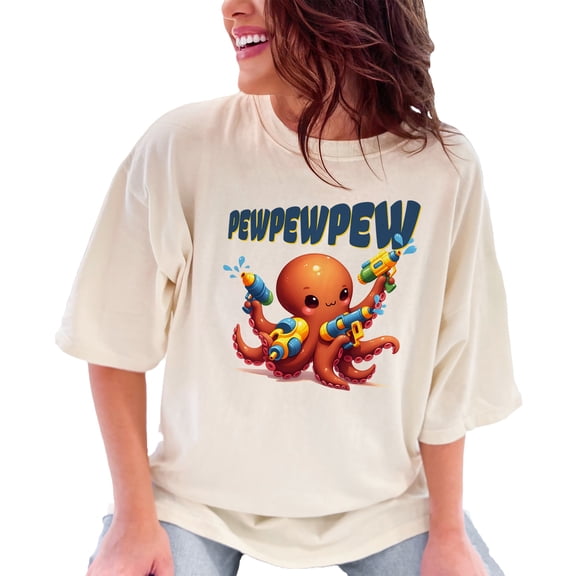 Funny Octopus with Water Guns T-Shirt, Cute Nautical Sea Creature Tee, Playful Marine Life Shirt, Graphic Ocean Animal Top, Ivory Comfort Colors T-Shirt, Large
