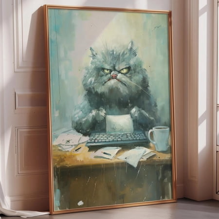 Funny Office Cat Angry Typing Work Humor Cute Lazy Cat Desk Art Home Office Meme Poster , Poster Print Only
