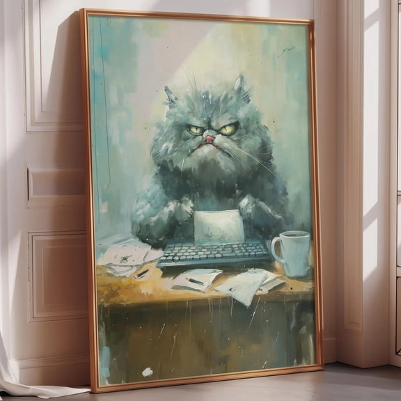 Funny Office Cat Angry Typing Work Humor Lazy Cat Meme Graphic Poster Unframed Paper Print